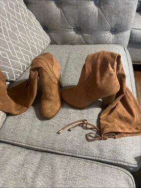 Vepose Tan Suede Over-the-Knee Block Heel Boots